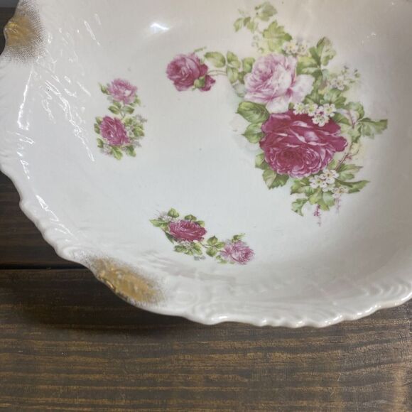 VTG Porcelain bowl red/pink roses 9” Shabby Chic Rare Gold Gilding - Picture 7 of 13